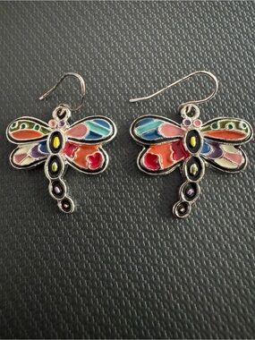 Multicolor Dragonfly Enamel Drop Earrings - Colorful Accent Silver tone